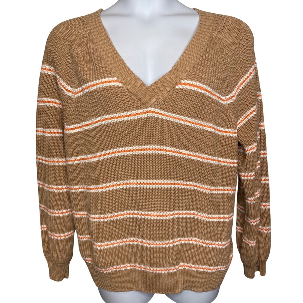 Lands' End Women Tan Striped V-Neck Sweater Sz 1X Grandmillennial Coastal Cozy